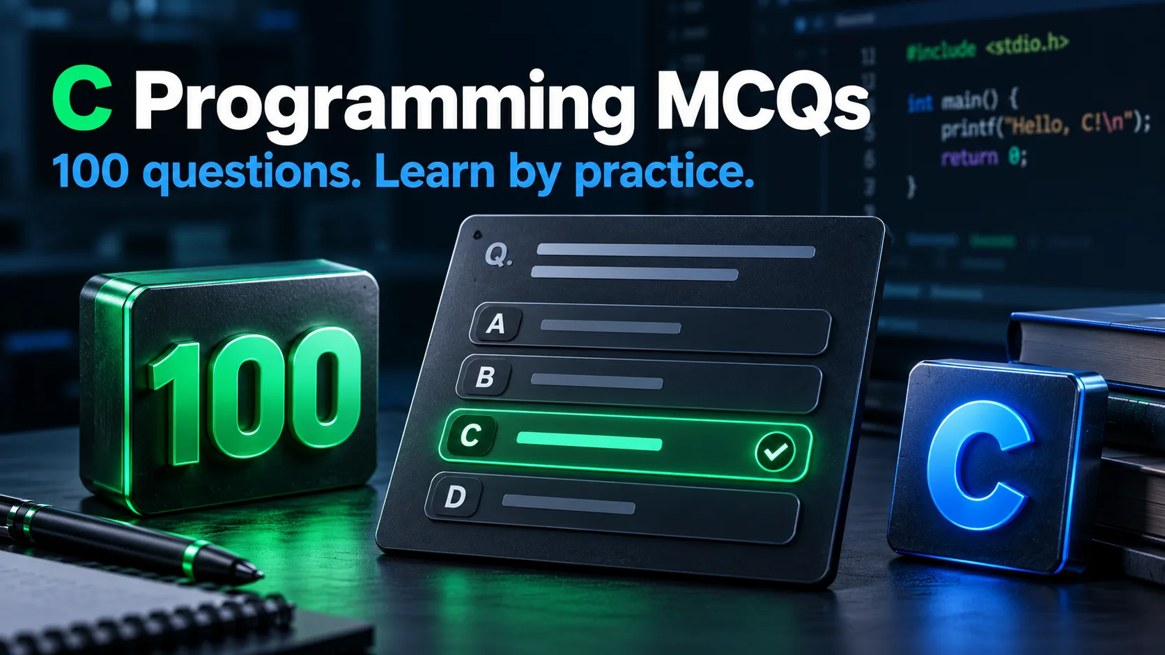 A C programming quiz shows four choices, a checked answer, and one hundred questions.