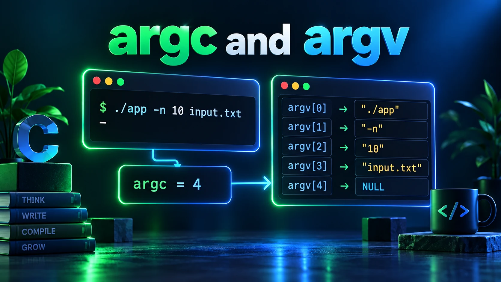 Pointer array diagram showing int argc = 4 and char *argv[] slots pointing to null-terminated CLI argument strings terminated by NULL.