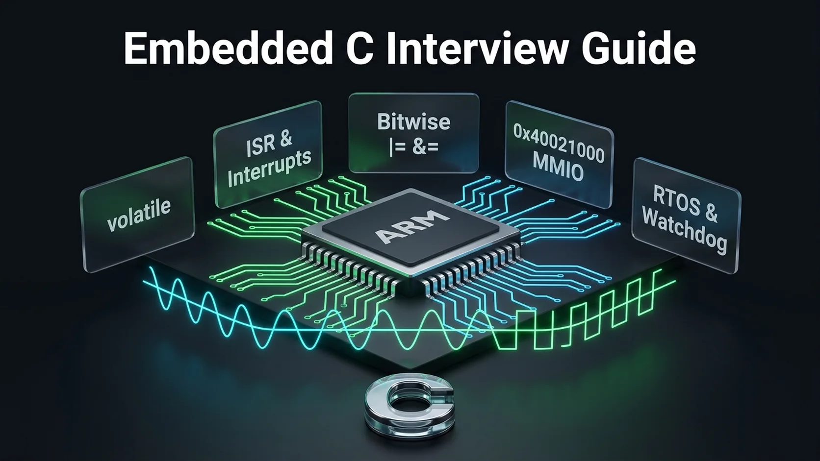 Embedded C interview guide showing microcontroller registers, volatile, ISR, and bitwise operations.
