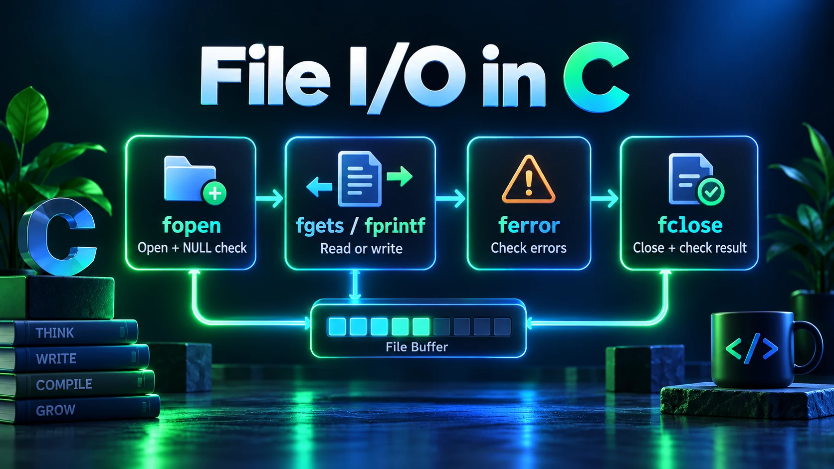 C FILE pointer lifecycle diagram illustrating fopen mode check, buffered fprintf/fgets stream transfer, and fclose flush.