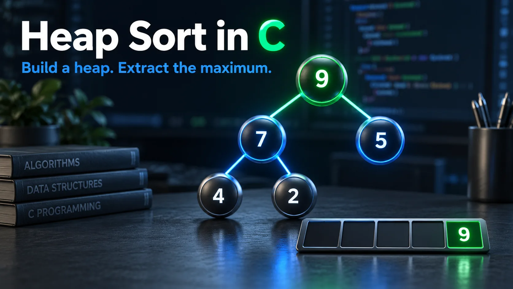 A binary max-heap connects the largest root to its children and a sorted output slot.