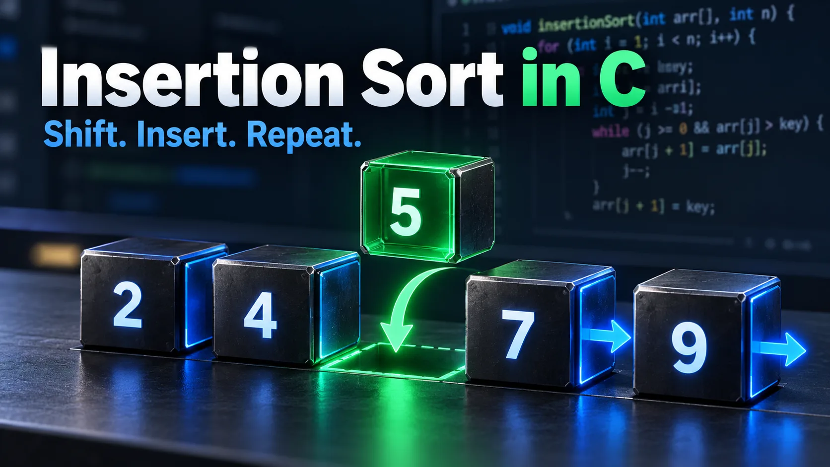 A green number block moves into its position between sorted array elements.