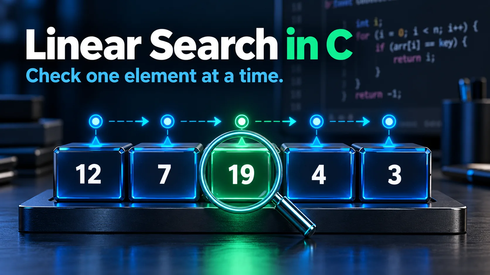 A scan moves through array elements and highlights the matching value.