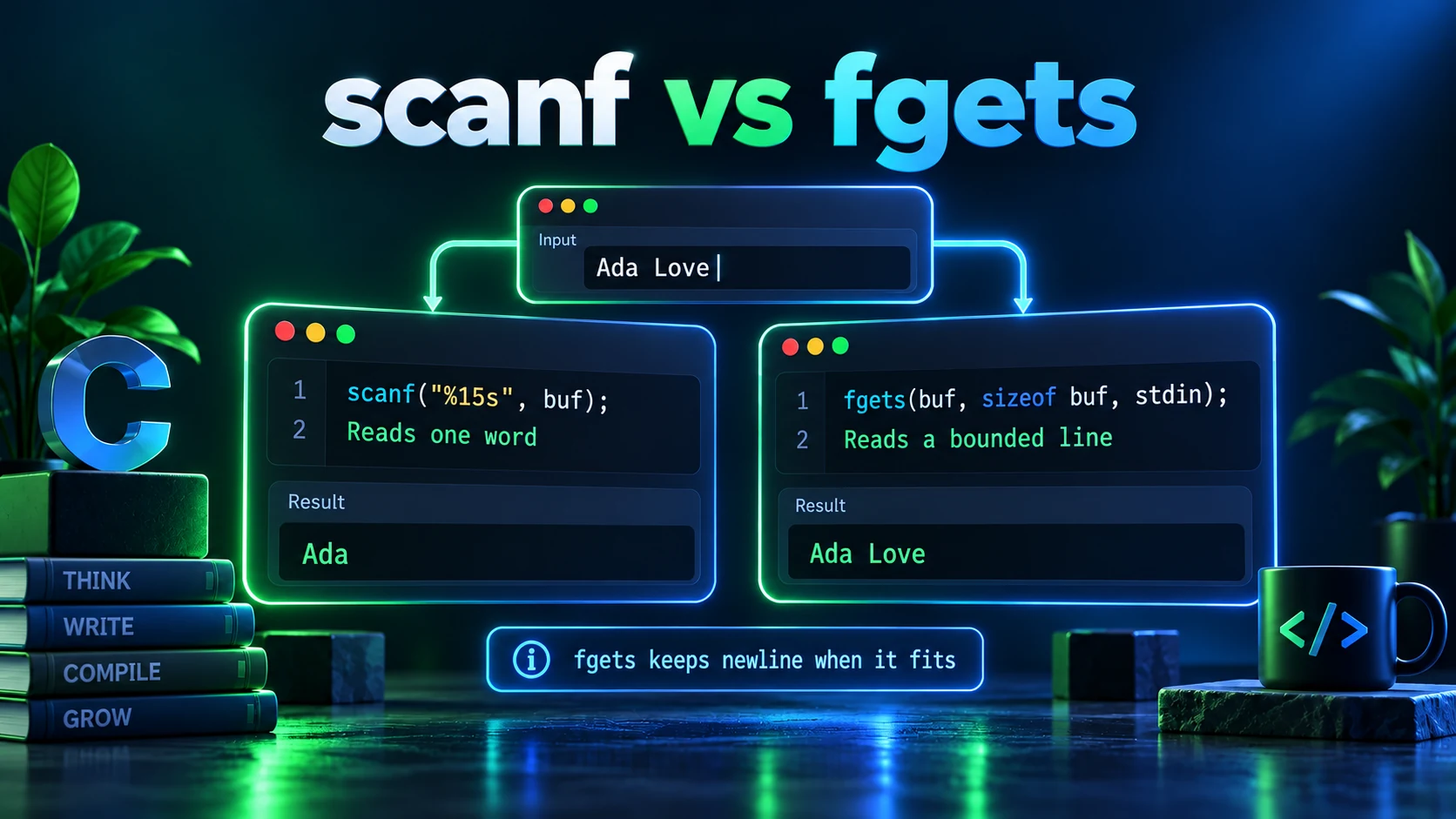 Standard input buffer stream comparing scanf stopping at whitespace and leaving a trailing newline versus fgets reading a bounded line.