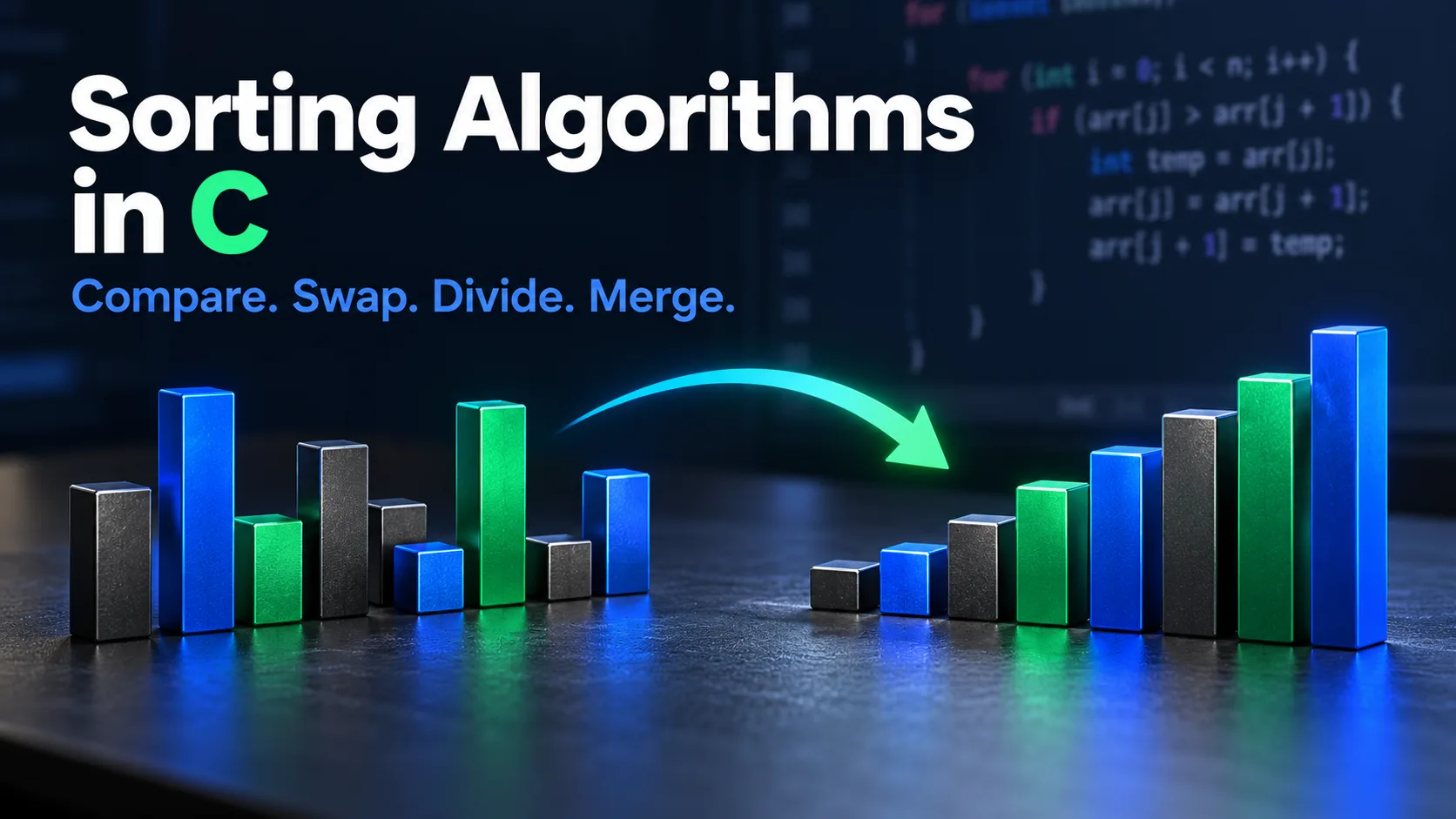 Unsorted bars become an ascending sequence through a glowing transition.
