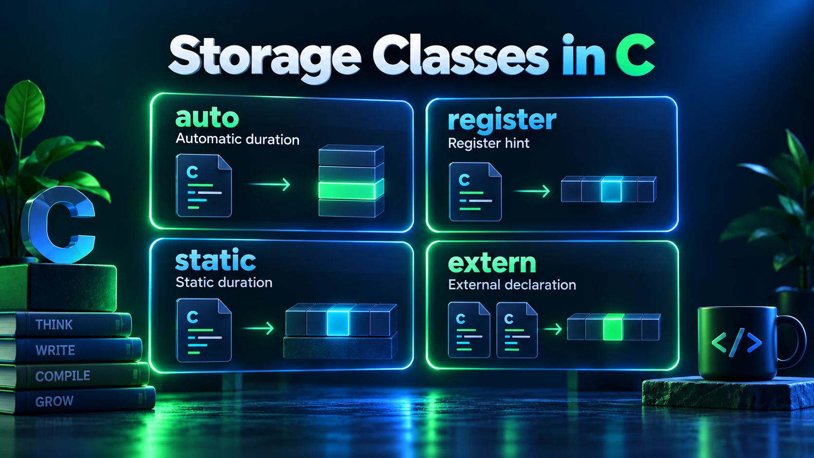 C process memory layout mapping auto, register, static, and extern variables to CPU registers, stack frames, and .data/.bss segments.