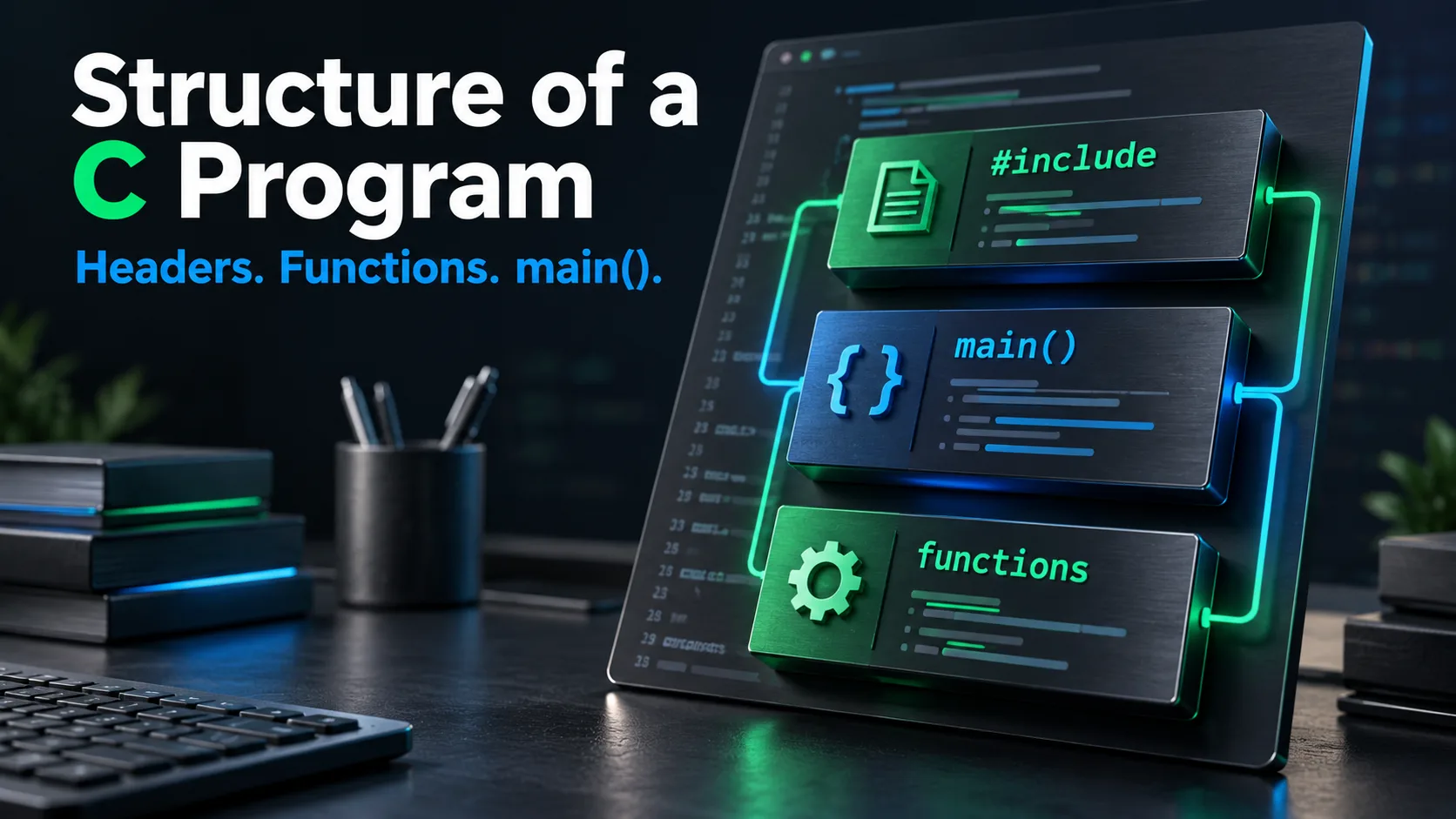 A C source panel divided into headers, main, and supporting functions.